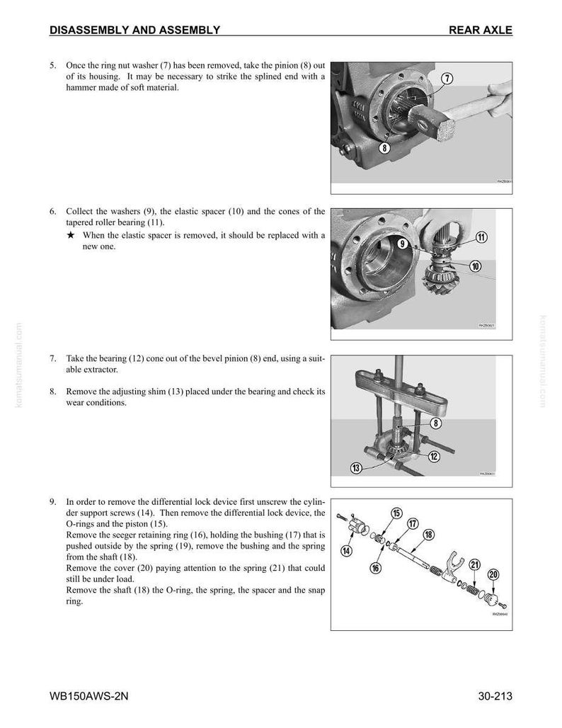 May include: Diagram of rear axle disassembly and assembly steps. Includes images of mechanical components, such as washers, bearings, and a pinion, with numbered labels. Text instructions accompany each step, detailing the process.