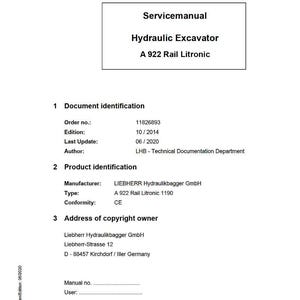 Liebherr A922 rail litronic 1190 Hydraulic excavator Service Manual PDF | Workshop Repair | Instant Download image 2