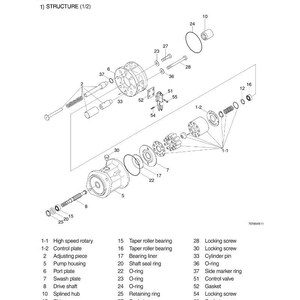 May include: An exploded diagram of a main pump assembly, labeled "GROUP 4 DISASSEMBLY AND ASSEMBLY." The diagram includes various components like screws, bearings, and plates, with labels such as "High speed rotary" and "Control plate."