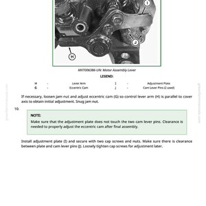May include: Diagram of a motor assembly lever with labelled components, including an adjustment plate, cam lever pins, and eccentric cam. Text provides instructions for adjustment and assembly of the mechanism.
