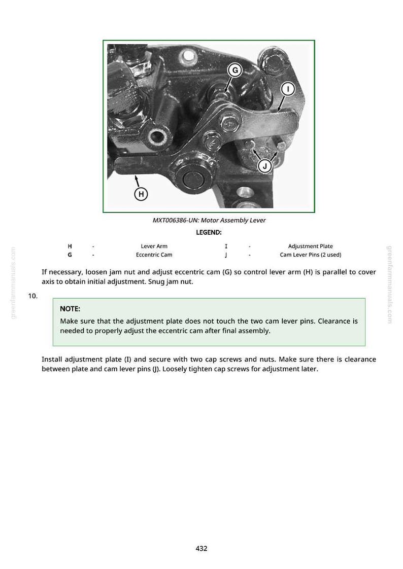 May include: Diagram of a motor assembly lever with labelled components, including an adjustment plate, cam lever pins, and eccentric cam. Text provides instructions for adjustment and assembly of the mechanism.