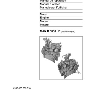 May include: A white page with the FENDT logo and text in multiple languages, including "Workshopmanual" and "Engine." Two images of a mechanical engine are shown. The text "MAN D 0836 LE (Mechanical part)" is also visible.