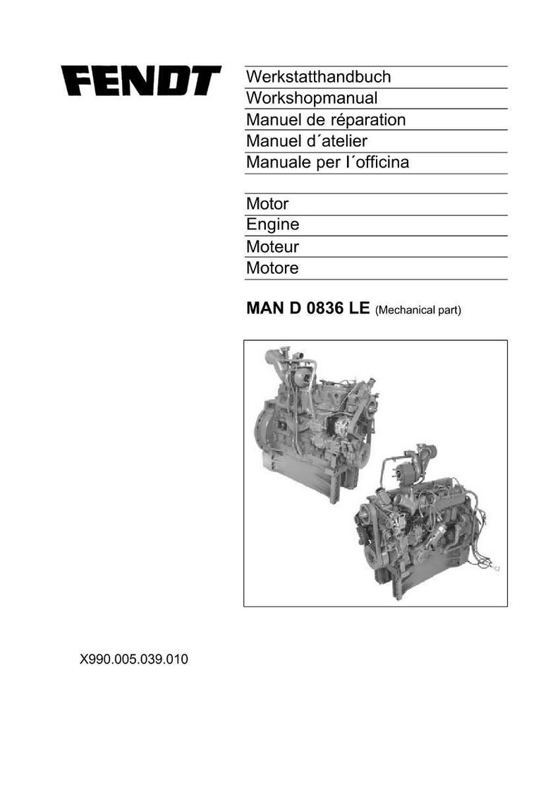 May include: A white page with the FENDT logo and text in multiple languages, including "Workshopmanual" and "Engine." Two images of a mechanical engine are shown. The text "MAN D 0836 LE (Mechanical part)" is also visible.