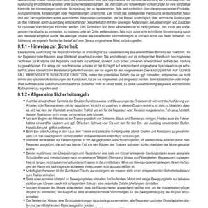 Puede incluir: Una p&aacute;gina de manual con texto en alem&aacute;n, titulada "EINLEITUNG" (Introducci&oacute;n). El documento detalla las pautas de seguridad y las instrucciones para la reparaci&oacute;n y el mantenimiento de tractores, incluyendo limpieza, inspecciones y precauciones. El texto est&aacute; en negro sobre fondo blanco.