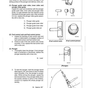 May include: Diagram of fuel injection pump components, including plunger guide, rollers, and fuel control rack. The image includes detailed illustrations and text instructions for inspection and maintenance of the pump.