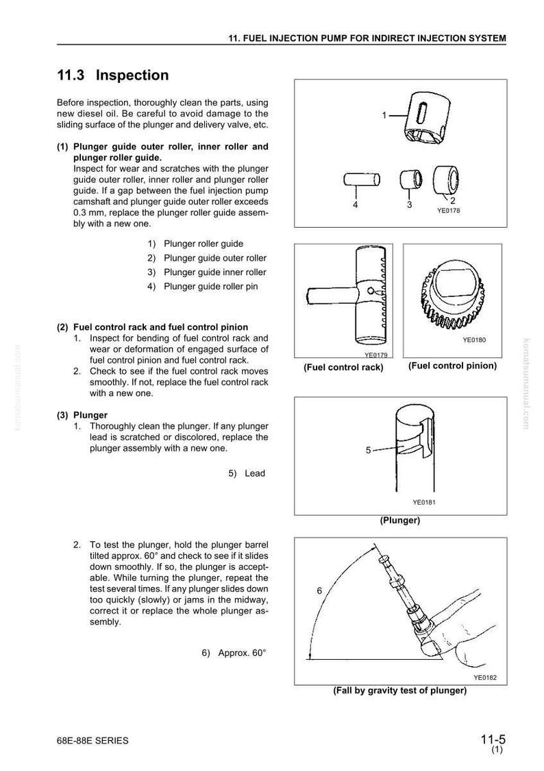 May include: Diagram of fuel injection pump components, including plunger guide, rollers, and fuel control rack. The image includes detailed illustrations and text instructions for inspection and maintenance of the pump.