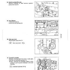 May include: A page from a manual with diagrams and text detailing engine components. Sections include instructions for removing the injection pump drive case, cam follower, gear case cover, and camshaft assembly. Measurements are provided in kilograms.