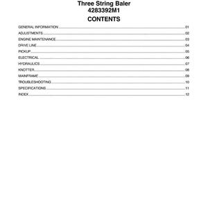 Peut inclure: Un document blanc avec le texte "MASSEY FERGUSON&reg; 1843S / 1843N Three String Baler 4283392M1 CONTENTS". Il pr&eacute;sente une table des mati&egrave;res avec des sections telles que "Informations g&eacute;n&eacute;rales" et "R&eacute;glages".
