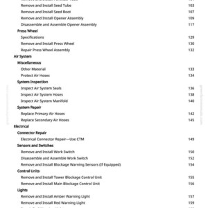 May include: A white page with a detailed table of contents for a manual. The text includes sections on seed tubes, air systems, electrical components, and hydraulic systems. Page numbers are listed on the right.