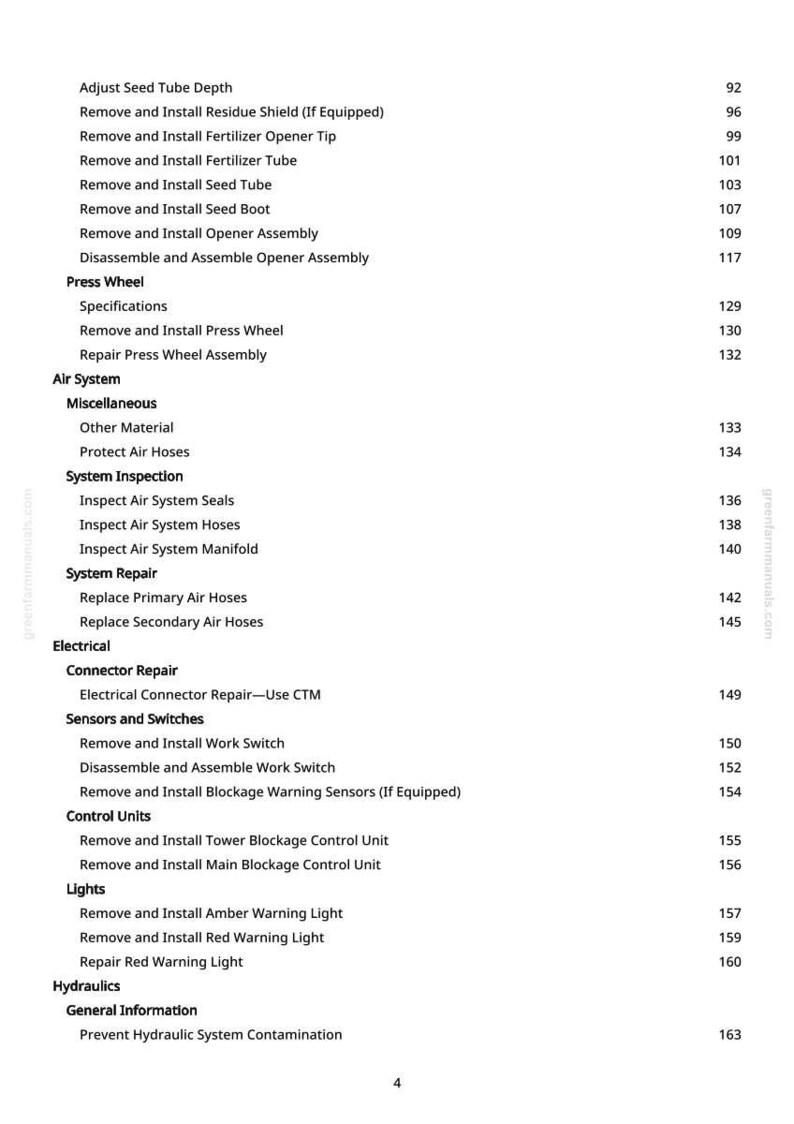 May include: A white page with a detailed table of contents for a manual. The text includes sections on seed tubes, air systems, electrical components, and hydraulic systems. Page numbers are listed on the right.