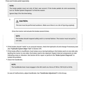 May include: A page from a manual detailing a brake system operational check. Instructions include pressing brake pedals, a caution for outdoor testing, and notes on brake response. Text also covers handbrake engagement at 22 to 34 lb.