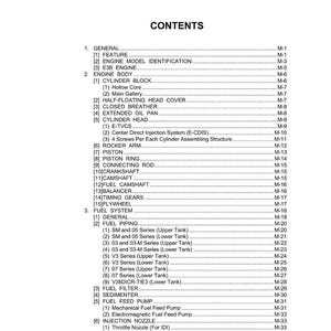 May include: A detailed table of contents from a manual, listing various engine components and systems. The text includes sections on the engine body, fuel system, and injection pump, with page numbers for each item.