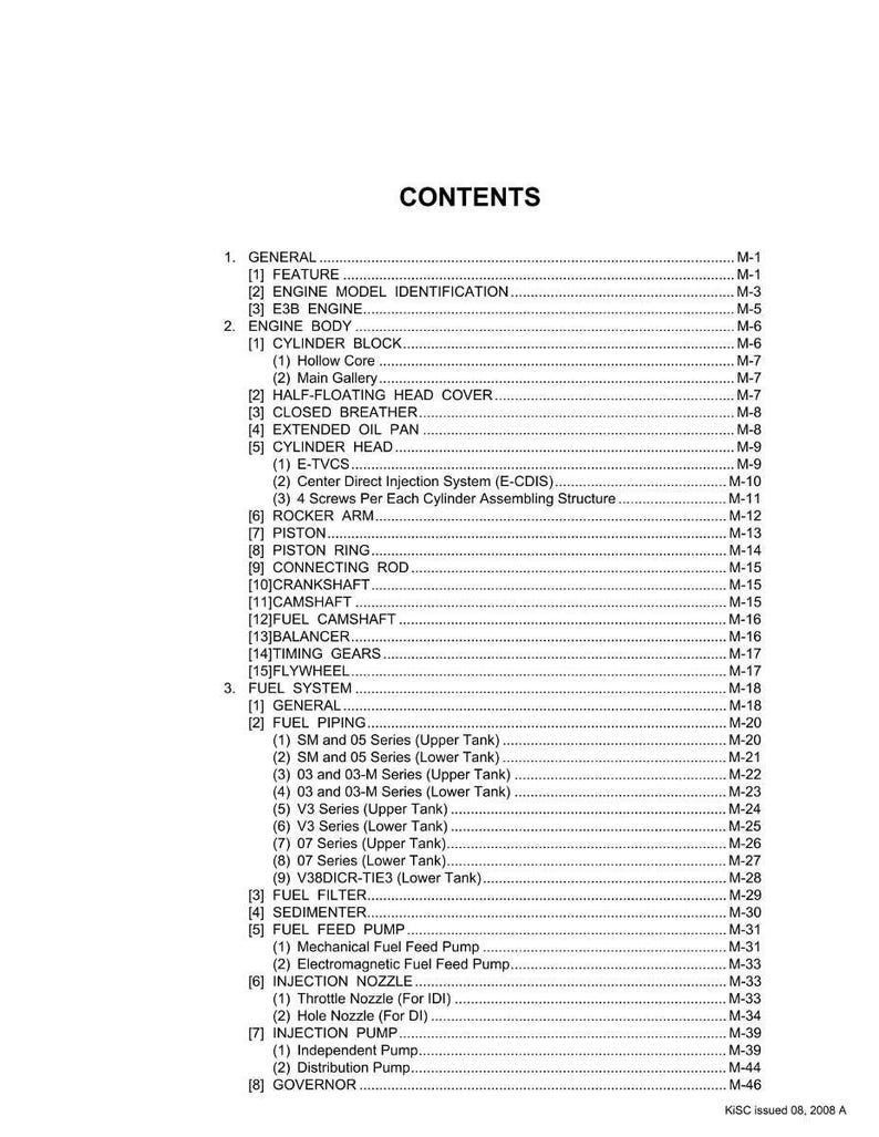 May include: A detailed table of contents from a manual, listing various engine components and systems. The text includes sections on the engine body, fuel system, and injection pump, with page numbers for each item.