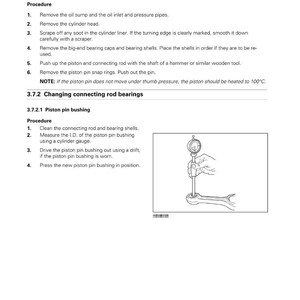 May include: Diagram from a manual illustrating the process of removing and installing piston pin bushings. The image shows a hand using a tool to measure the internal diameter of a piston pin bushing. Text provides engine maintenance instructions.