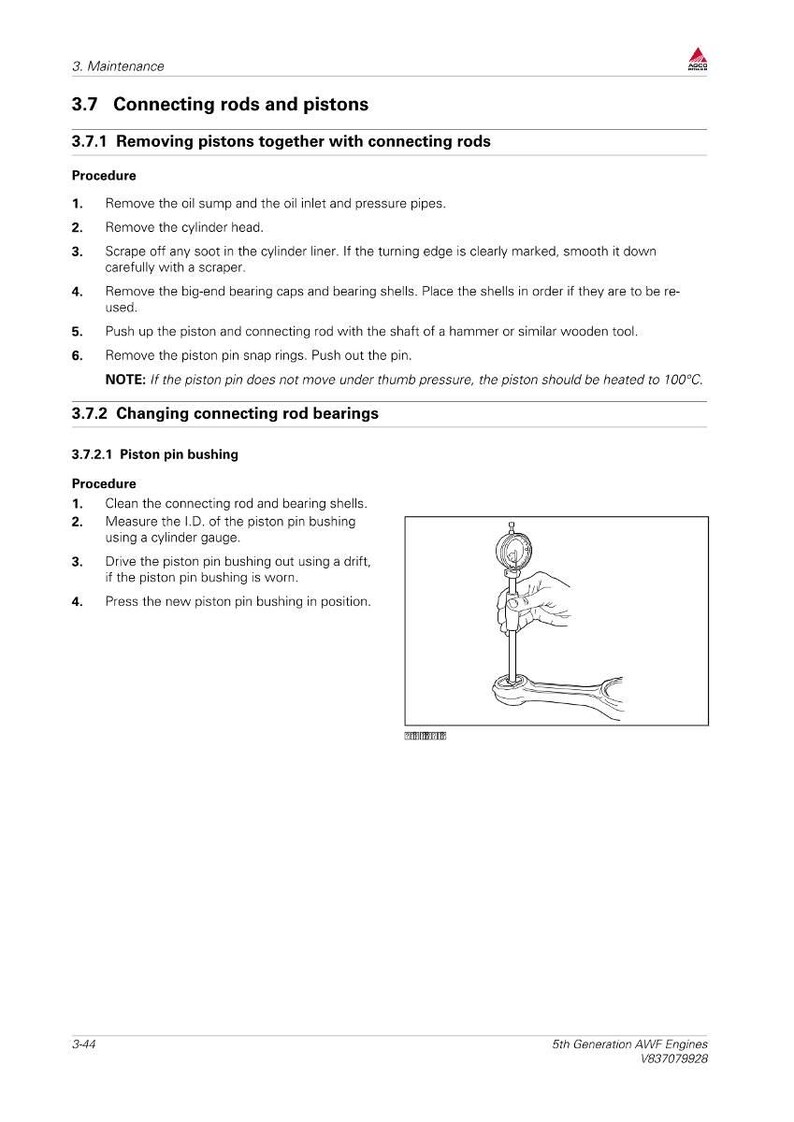 May include: Diagram from a manual illustrating the process of removing and installing piston pin bushings. The image shows a hand using a tool to measure the internal diameter of a piston pin bushing. Text provides engine maintenance instructions.
