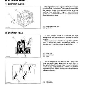 May include: Diagram of an engine body with labeled components. The image includes illustrations of a cylinder block, cylinder head, intake port, and exhaust port. Text provides detailed descriptions of each part and their functions within the engine.