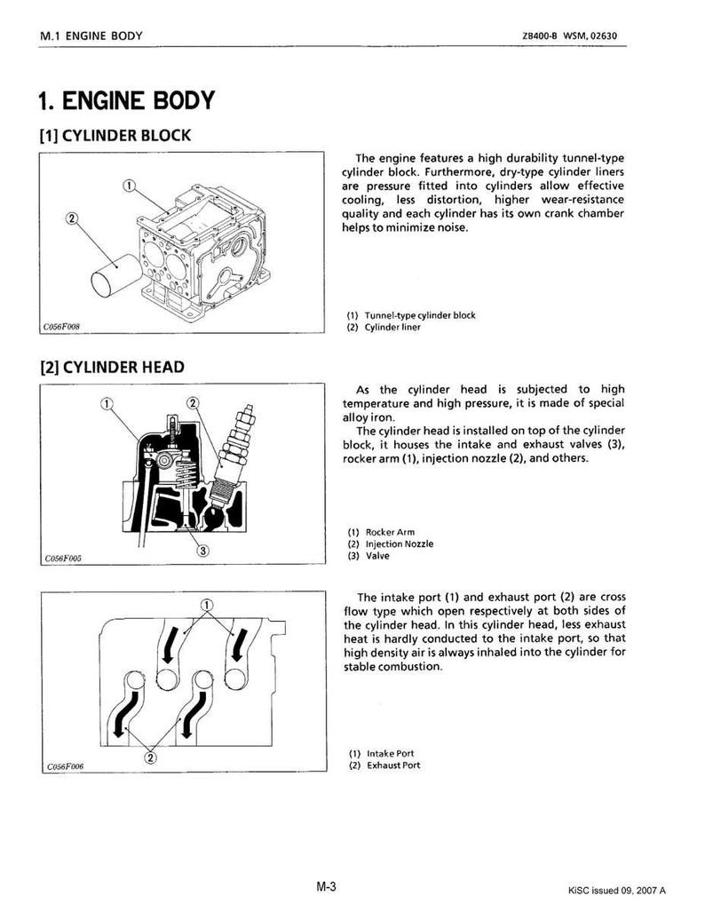 May include: Diagram of an engine body with labeled components. The image includes illustrations of a cylinder block, cylinder head, intake port, and exhaust port. Text provides detailed descriptions of each part and their functions within the engine.