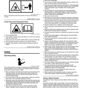 May include: Safety instructions graphic with warning symbols and text. Includes warnings about thrown objects, equipment fires, and safe operating procedures for a cutting machine. Text includes warnings about injury and death.