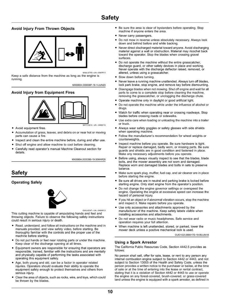 May include: Safety instructions graphic with warning symbols and text. Includes warnings about thrown objects, equipment fires, and safe operating procedures for a cutting machine. Text includes warnings about injury and death.