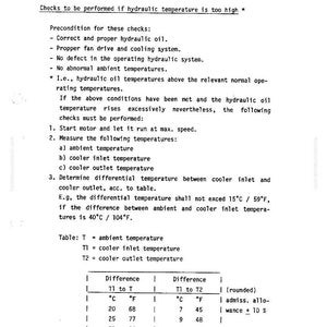 May include: A technical document titled "HYDRAULIC OIL COOLING" with the Mannesmann Demag logo. The document includes instructions for checking hydraulic oil temperature, with temperature readings in Celsius and Fahrenheit.