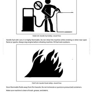 May include: Black and white safety diagrams with text. The top diagram shows a person refueling a machine, with a no-smoking symbol. The bottom diagram shows flames. Text reads: Handle Fluids Safely&mdash;Avoid Fires.