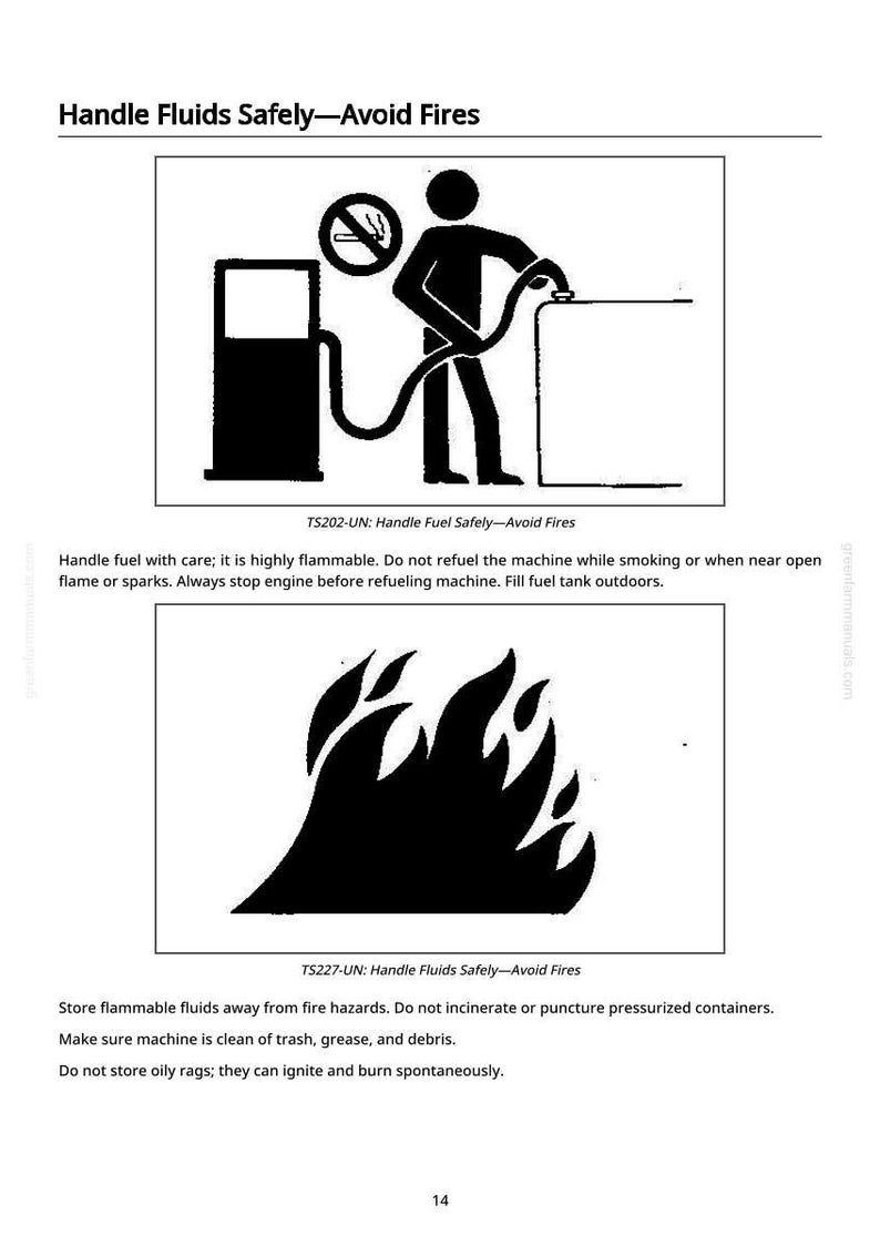 May include: Black and white safety diagrams with text. The top diagram shows a person refueling a machine, with a no-smoking symbol. The bottom diagram shows flames. Text reads: Handle Fluids Safely&mdash;Avoid Fires.
