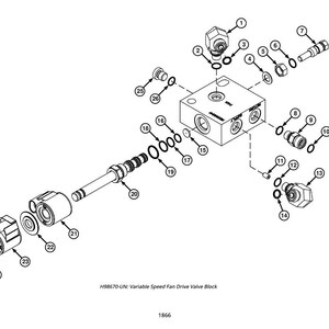 May include: An exploded diagram of a Variable Speed Fan Drive Valve Block, featuring various mechanical components. The image includes a central block with multiple ports, along with fittings, seals, and a cylindrical component. The text "H98670-UN: Variable Speed Fan Drive Valve Block" is visible.