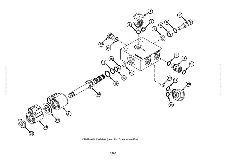 May include: An exploded diagram of a Variable Speed Fan Drive Valve Block, featuring various mechanical components. The image includes a central block with multiple ports, along with fittings, seals, and a cylindrical component. The text "H98670-UN: Variable Speed Fan Drive Valve Block" is visible.