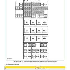 Op de afbeelding: Diagram van een zekeringkast met gelabelde componenten. De afbeelding bevat een raster van genummerde en geletterde vakken, met een tabel hieronder met details over zekeringfuncties, zoals contactsleutel en werklampen.