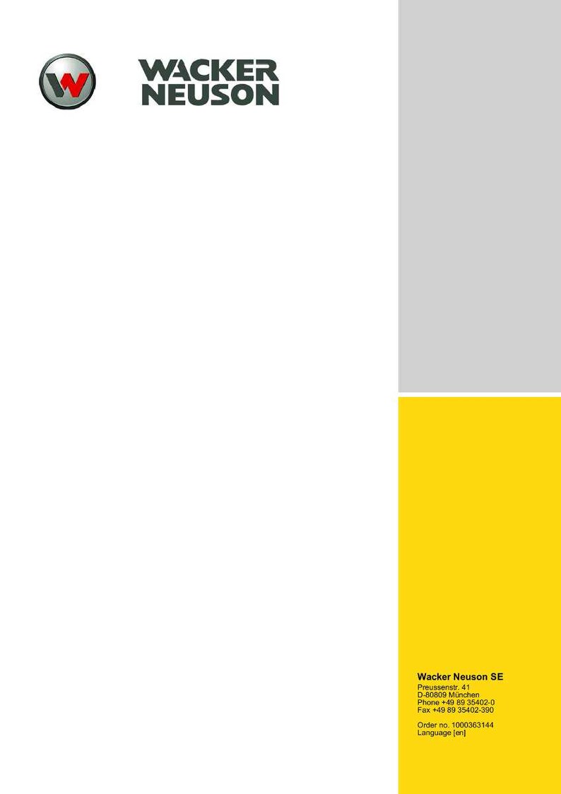 Op de afbeelding: Een witte achtergrond met het Wacker Neuson-logo linksboven. Het logo is een rode W in een zilveren cirkel. De tekst "WACKER NEUSON" is donkergrijs. Een gele en grijze sectie bevindt zich aan de rechterkant van de afbeelding.