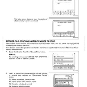 May include: A page from a manual titled "SET AND OPERATE MACHINE MONITOR" with diagrams of machine monitor screens. The text describes procedures for confirming maintenance records and deleting abnormality records.