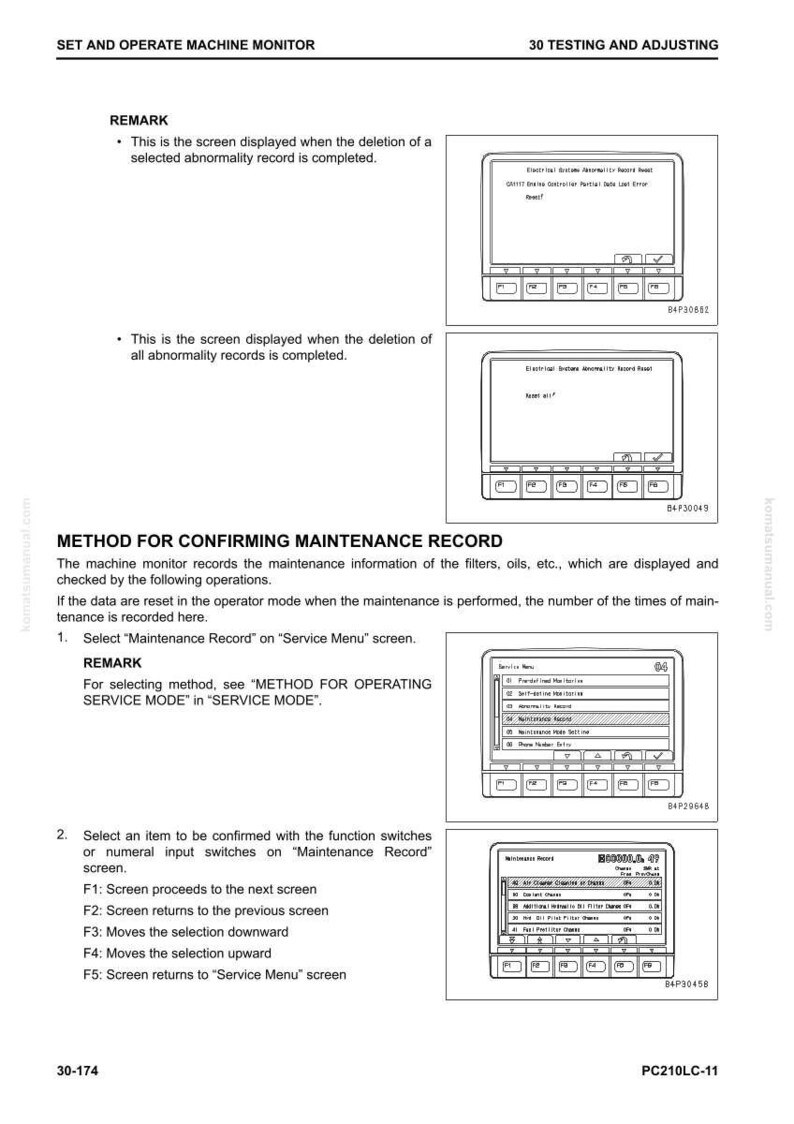 May include: A page from a manual titled "SET AND OPERATE MACHINE MONITOR" with diagrams of machine monitor screens. The text describes procedures for confirming maintenance records and deleting abnormality records.