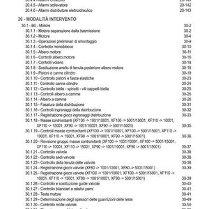 K&ouml;nnte beinhalten: Eine detaillierte Indexseite aus einem Handbuch mit einer Liste von Wartungsverfahren f&uuml;r Kraftfahrzeuge. Der Text ist auf Italienisch, mit Abschnitten zu Motorkomponenten, Ventilsteuerung und Schmiersystemen. Seitenzahlen sind aufgef&uuml;hrt.