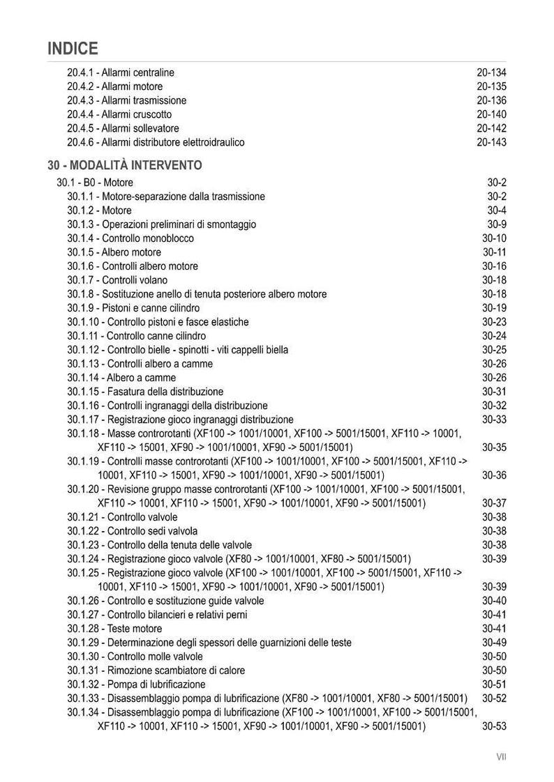 K&ouml;nnte beinhalten: Eine detaillierte Indexseite aus einem Handbuch mit einer Liste von Wartungsverfahren f&uuml;r Kraftfahrzeuge. Der Text ist auf Italienisch, mit Abschnitten zu Motorkomponenten, Ventilsteuerung und Schmiersystemen. Seitenzahlen sind aufgef&uuml;hrt.