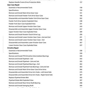 May include: A detailed table of contents from a manual, with a white background and black text. The text lists various repair and maintenance procedures for agricultural machinery, including gear case repair, driveline repair, and auto grease system.