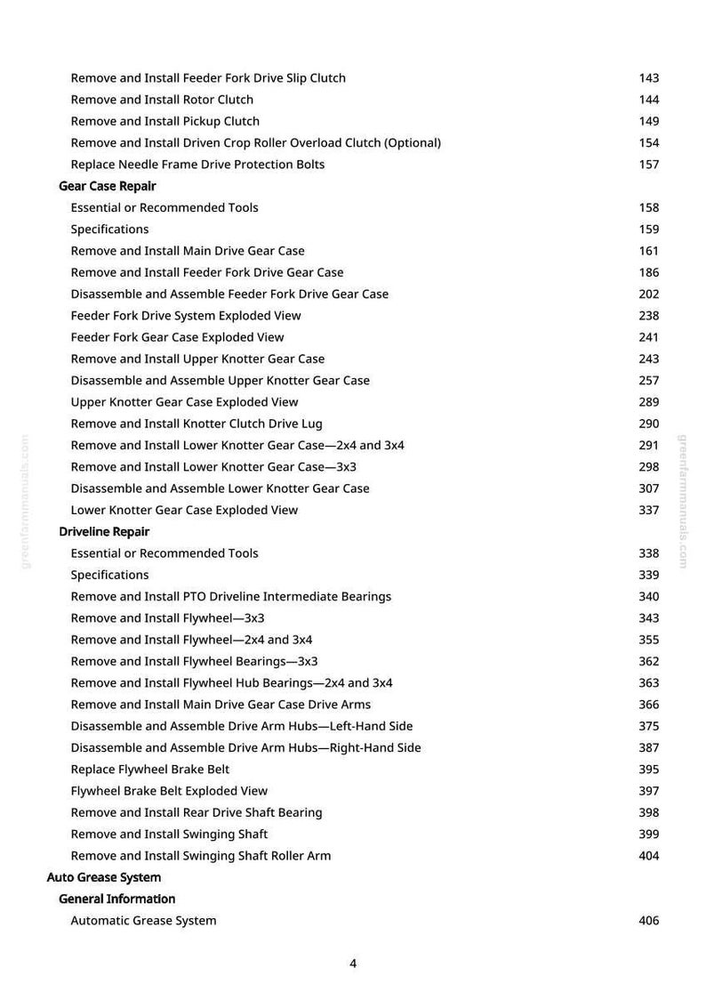 May include: A detailed table of contents from a manual, with a white background and black text. The text lists various repair and maintenance procedures for agricultural machinery, including gear case repair, driveline repair, and auto grease system.