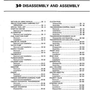 May include: A page from a manual titled "30 DISASSEMBLY AND ASSEMBLY." The text lists various automotive components and procedures, including removal, installation, and disassembly instructions. The page is white with black text.