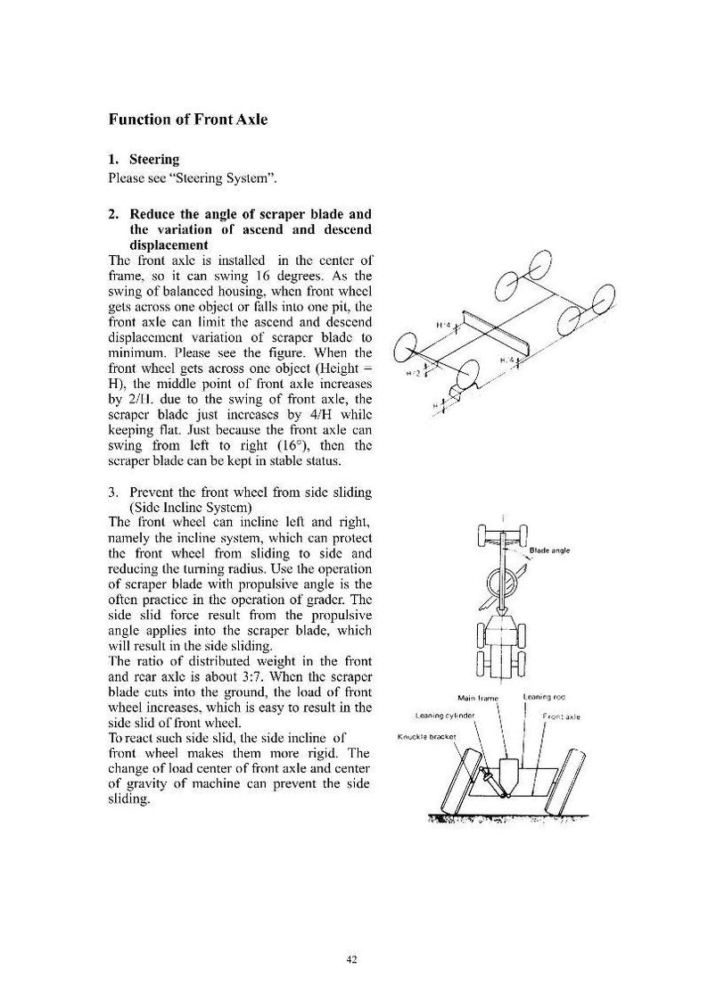 May include: Diagram illustrating the function of a front axle, with labels for steering, scraper blade, and incline system. Includes text explaining the mechanics of the axle and its components. The image is in black and white.