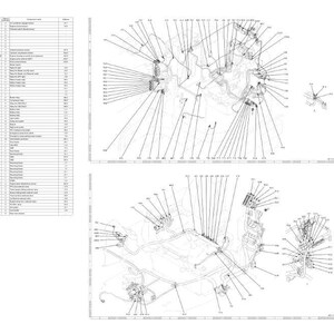 May include: A detailed technical diagram with multiple exploded views of mechanical components. The image includes a parts list with numerous entries and corresponding numbers, along with detailed line drawings of the parts.