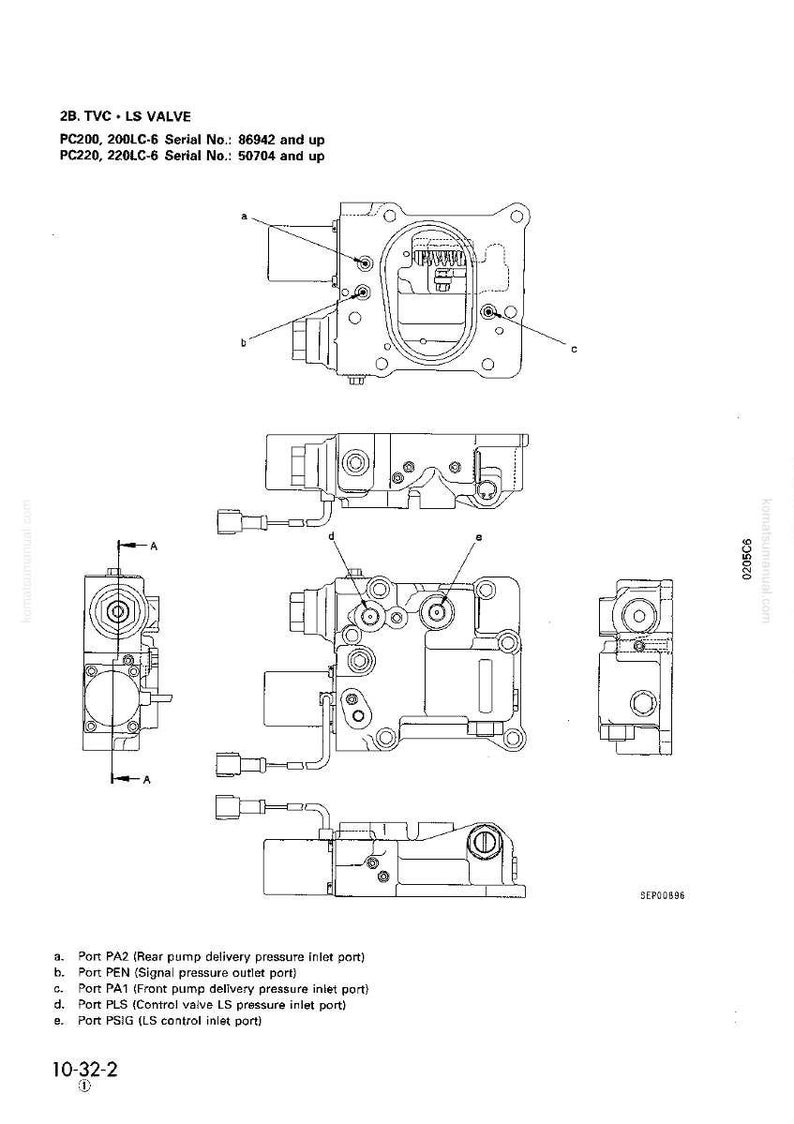 K&ouml;nnte beinhalten: Technische Zeichnung einer TVC LS VALVE mit mehreren Ansichten und Beschriftungen. Enth&auml;lt Portbezeichnungen: PA2, PEN, PA1, PLS und PSIG. Seriennummern f&uuml;r PC200, 200LC-6 und PC220, 220LC-6 sind ebenfalls aufgef&uuml;hrt.