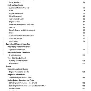 May include: A page from a manual with a table of contents. The text includes headings like "Fuels and Lubricants", "Engine", and "Diagnostic Information". Numbers are listed next to each item, indicating page numbers.