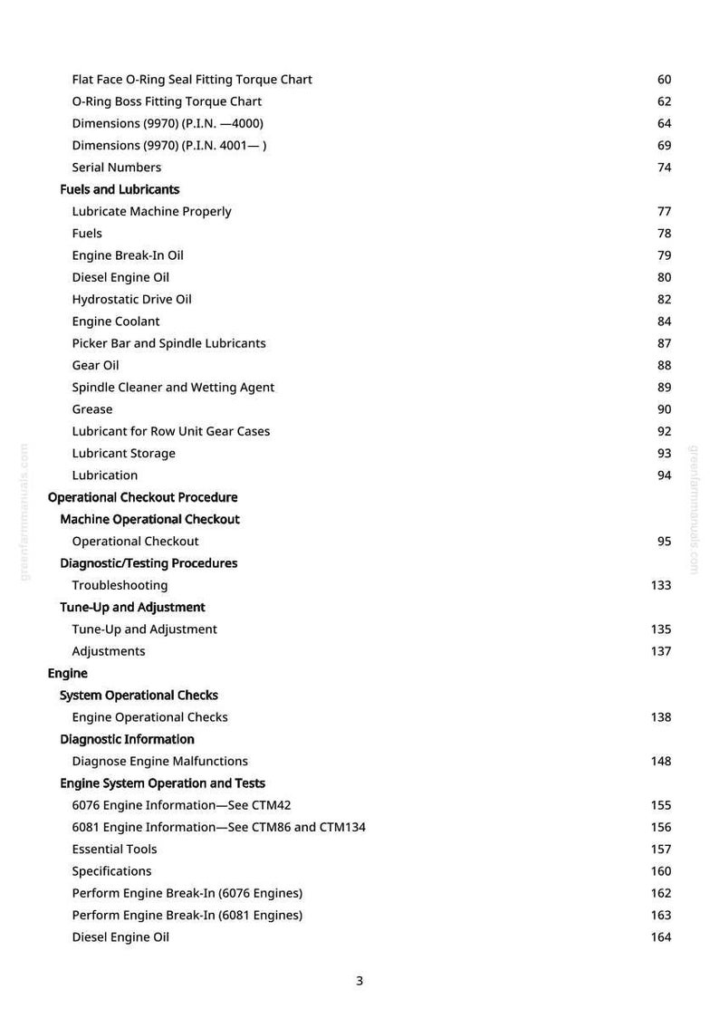 May include: A page from a manual with a table of contents. The text includes headings like "Fuels and Lubricants", "Engine", and "Diagnostic Information". Numbers are listed next to each item, indicating page numbers.