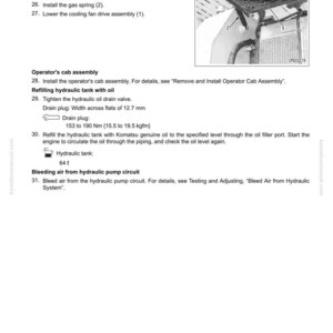 May include: A page from a Komatsu manual detailing the disassembly and assembly of a hydraulic tank. The text includes instructions for the cooling fan drive assembly, operator's cab assembly, and refilling the hydraulic tank with oil. A diagram shows the components.