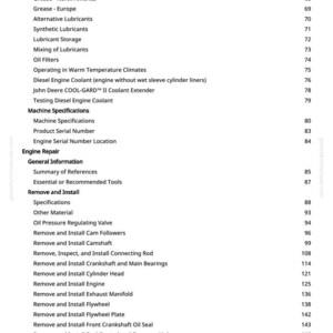 May include: A manual page detailing engine repair topics, including oil types, coolants, and procedures for removing and installing engine parts. The page number is 3. Measurements are not applicable.