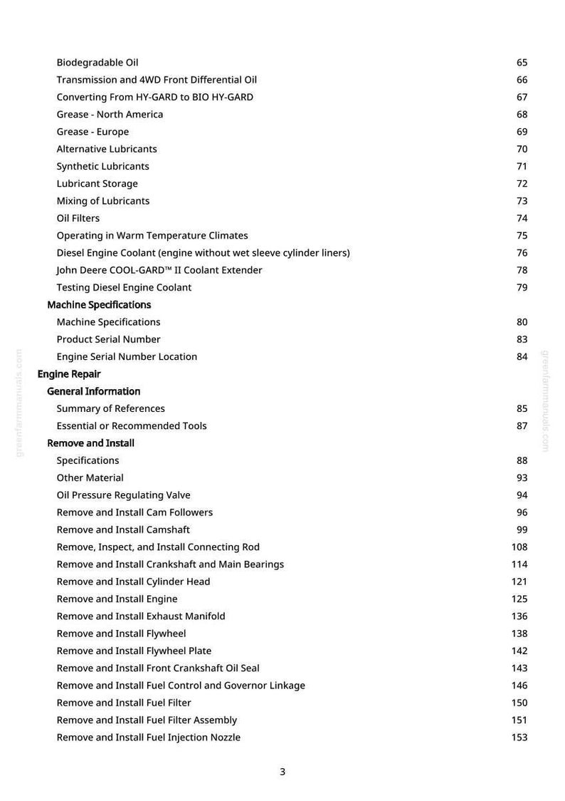 May include: A manual page detailing engine repair topics, including oil types, coolants, and procedures for removing and installing engine parts. The page number is 3. Measurements are not applicable.