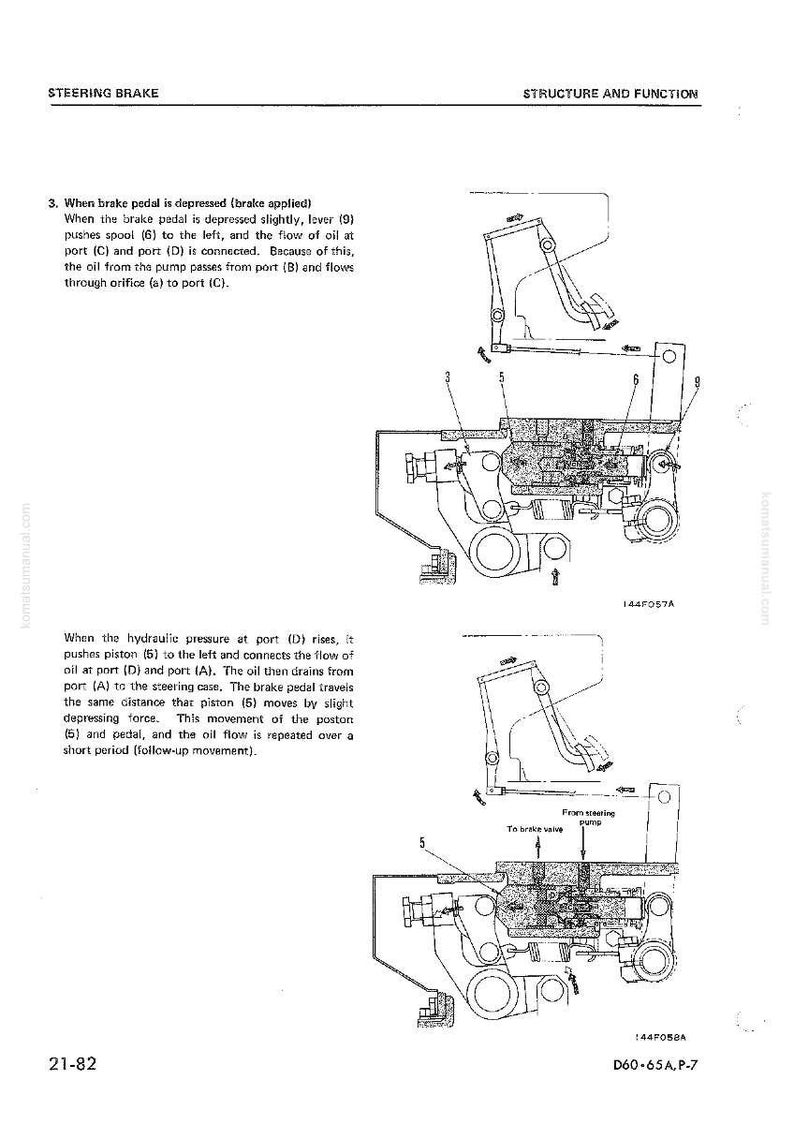 May include: Diagram of a steering brake system, illustrating its structure and function. The image shows a detailed schematic with labels and arrows, depicting the flow of oil and the movement of components within the system. Text explains the brake's operation.
