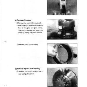 May include: A series of black and white images illustrating mechanical disassembly steps. Text includes instructions for removing parts like ring gears, collars, and snap rings from a gear casing. The images show close-ups of the components and tools.