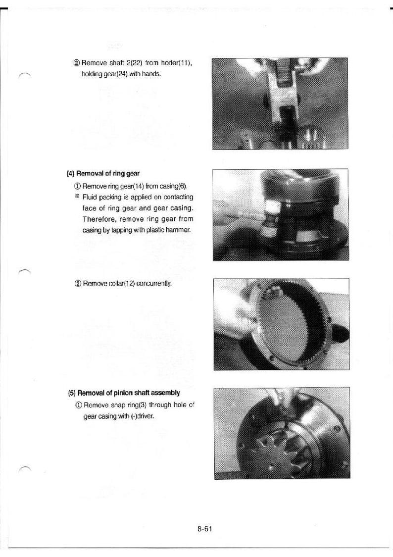 May include: A series of black and white images illustrating mechanical disassembly steps. Text includes instructions for removing parts like ring gears, collars, and snap rings from a gear casing. The images show close-ups of the components and tools.