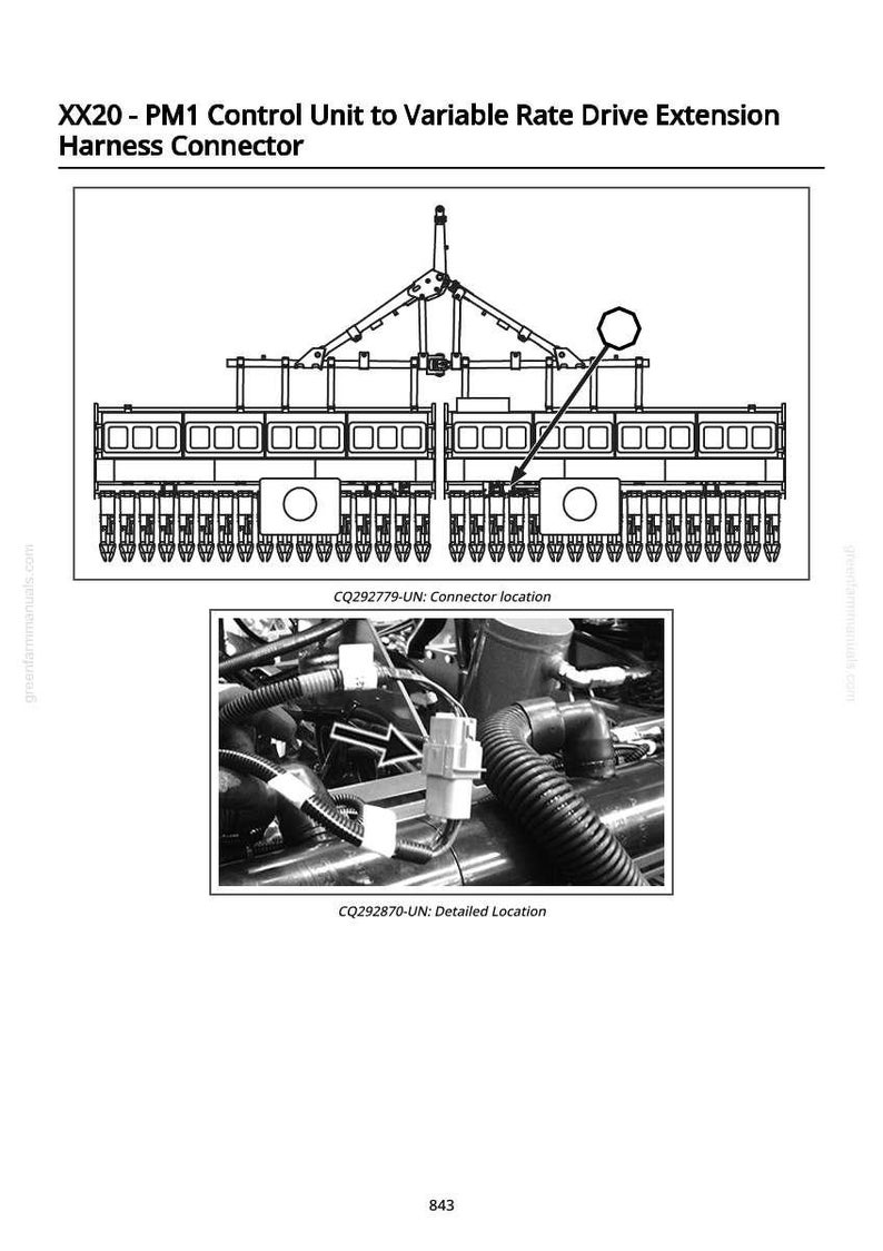 May include: Diagram of the XX20-PM1 Control Unit to Variable Rate Drive Extension Harness Connector. The image includes a detailed view of the connector location and a close-up of the connector itself. The text "CQ292779-UN: Connector location" and "CQ292870-UN: Detailed Location" are included.