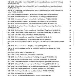 Op de afbeelding: Een gedetailleerde lijst met diagnostische foutcodes voor auto's, inclusief sensorfouten, drukfouten en temperatuurproblemen. Het document is georganiseerd met codenummers en beschrijvingen, handig voor autoreparatie en -onderhoud.